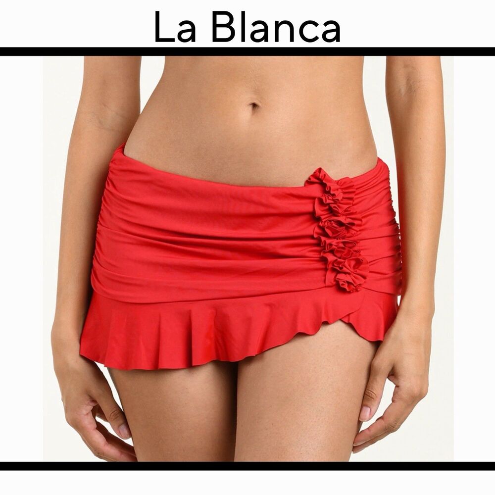 La Blanca Island Goddess Asymmetrical Ruffle Skirt Bikini Bottom NWT Red Sz 4
